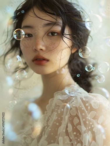 Ethereal portrait of an enchanting Asian woman surrounded by drifting soap bubbles in a dreamy pre Raphaelite inspired setting photo