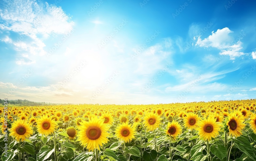 Obraz premium A vibrant sunflower field under a bright blue sky, showcasing nature's beauty and tranquility.