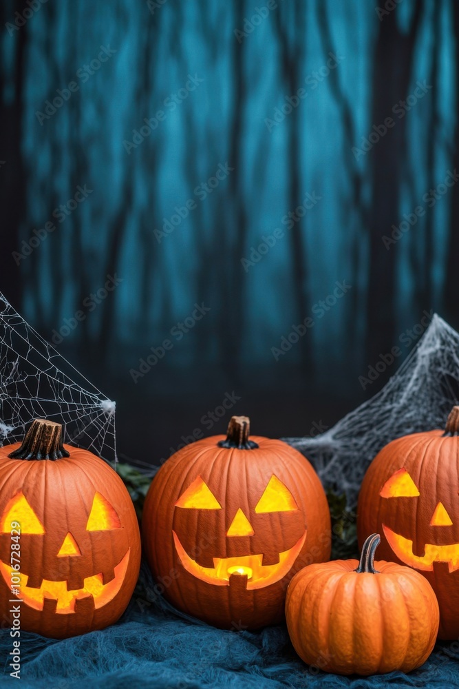 Halloween pumpkins with carved faces on a spooky background. Halloween pumpkins with carved faces on a spooky background.