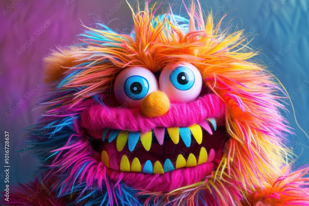 A fun and colorful rainbow furry monster puppet with large eyes and sharp teeth, perfect for children’s entertainment and puppet shows. A fun and colorful rainbow furry monster puppet with large eyes and sharp teeth, perfect for children’s entertainment and puppet shows.
