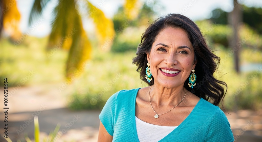 Cheerful Hispanic female middle aged model in bright outdoor photoshoot Cheerful Hispanic female middle aged model in bright outdoor photoshoot