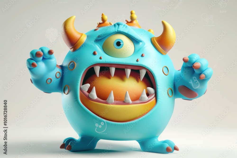 3D monster character with bold colors standing against a white background under studio lighting. 3D monster character with bold colors standing against a white background under studio lighting.