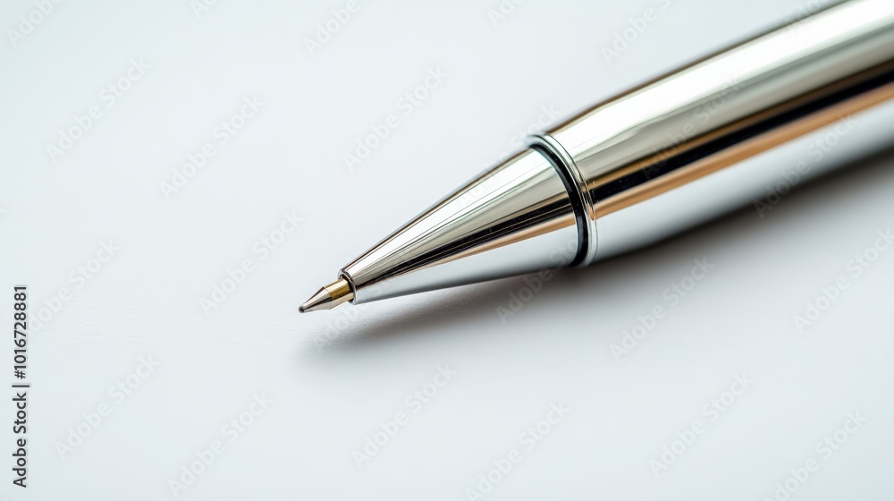 Close-up of a sleek silver pen on a white background, showcasing the fine metallic design and precision tip for professional use. Close-up of a sleek silver pen on a white background, showcasing the fine metallic design and precision tip for professional use.