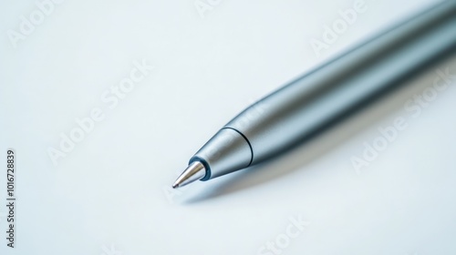 Close-up of a sleek silver pen resting on a white surface, highlighting its modern design and smooth finish.