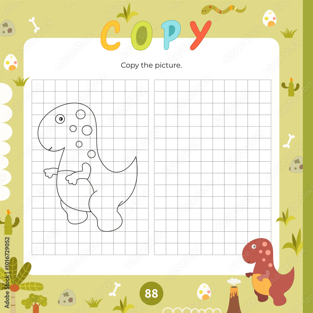 Cute Dinosaur activities for kids. Copy the picture in grid – little Dino. Logic games for children. Coloring page. Vector illustration. Book square format. Cute Dinosaur activities for kids. Copy the picture in grid – little Dino. Logic games for children. Coloring page. Vector illustration. Book square format.