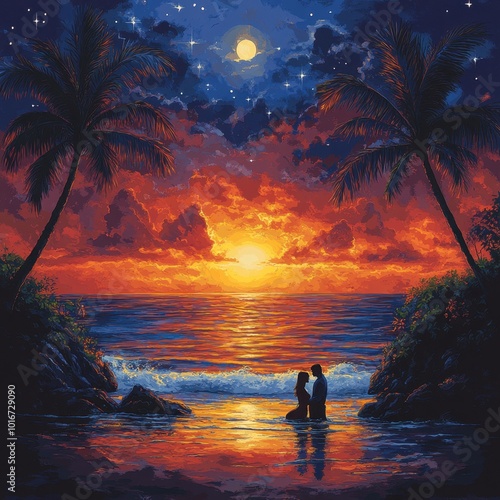 tropical beach scene, split between a warm sunset and a cool night sky