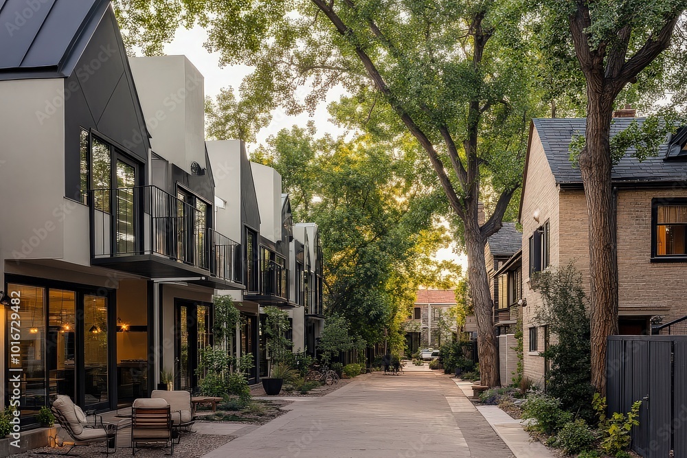 Naklejka premium Charming modern residential street with greenery