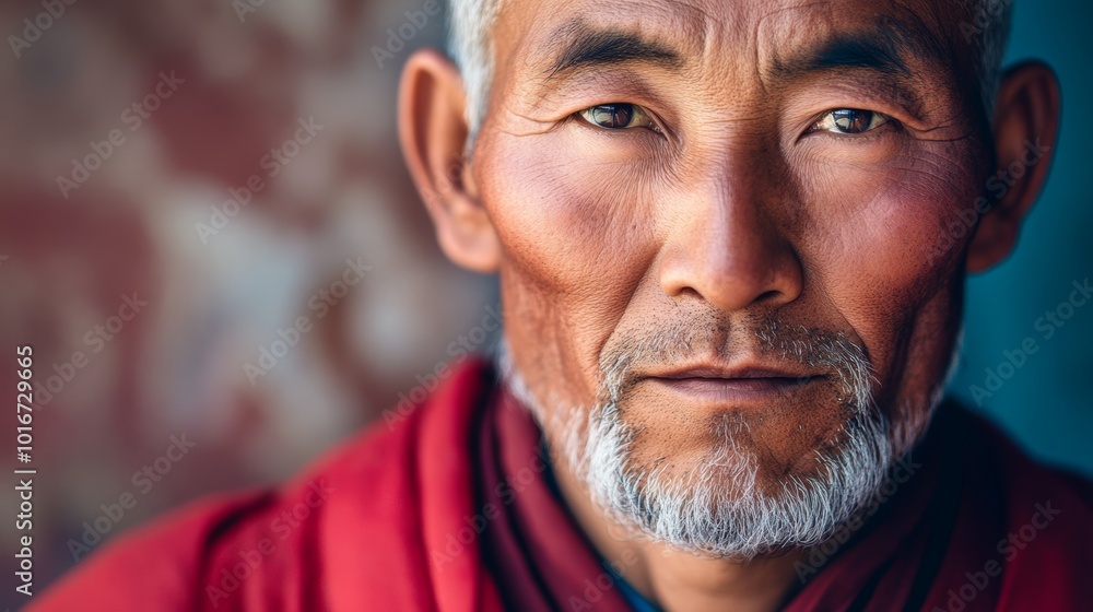 Fototapeta premium Wisdom and Peace: Close-Up Portrait of Tibetan Monk