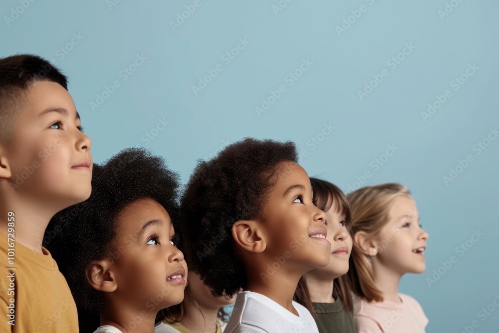 group of happy african american kids looking up isolated on blue group of happy african american kids looking up isolated on blue