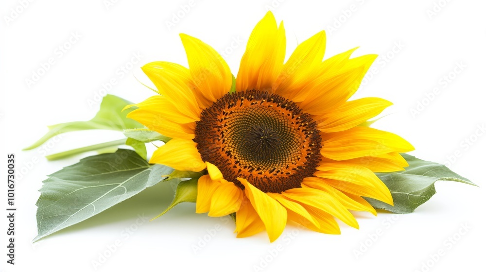 Close-up of a vibrant sunflower with green leaves, showcasing its bright yellow petals and textured center on a white background. Close-up of a vibrant sunflower with green leaves, showcasing its bright yellow petals and textured center on a white background.