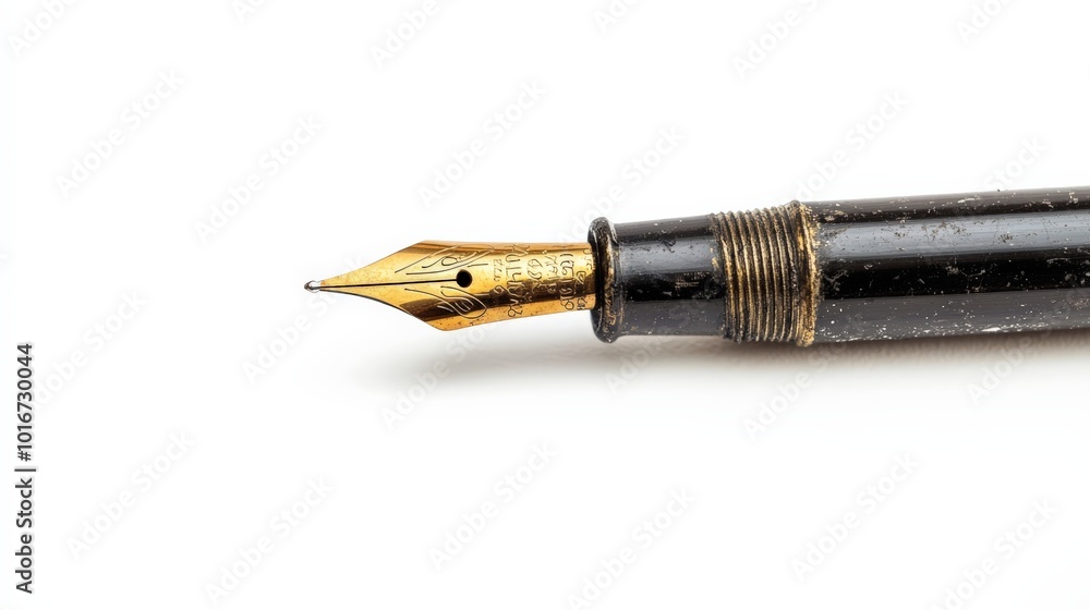 Naklejka premium Close-up of a vintage fountain pen tip on a white background, showcasing classic writing instrument elegance and craftsmanship.