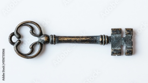 Close-up of a vintage skeleton key on a white background, showcasing intricate design and metallic texture. photo