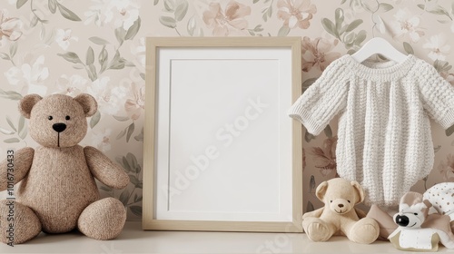 The nursery features a light wooden A4 frame mockup against a floral wallpaper, surrounded by cute teddy bears and playful toys, creating a cozy and inviting atmosphere.