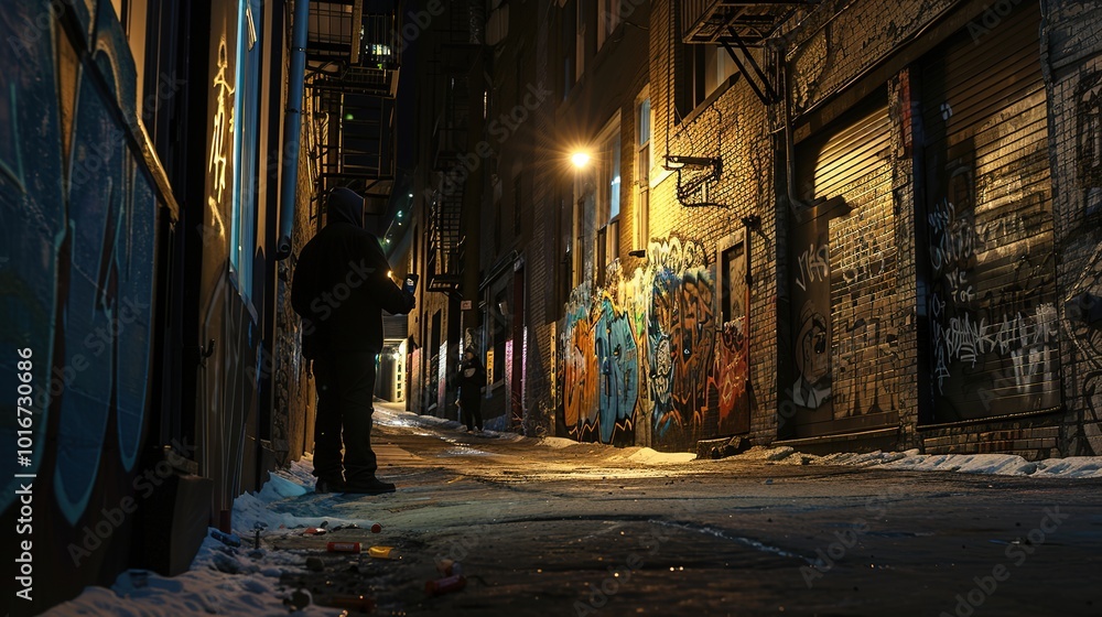 Fototapeta premium Gang Violence - Desolate Urban Alleyway at Dusk with Graffiti-Laden Walls and Spray Can Silhouette