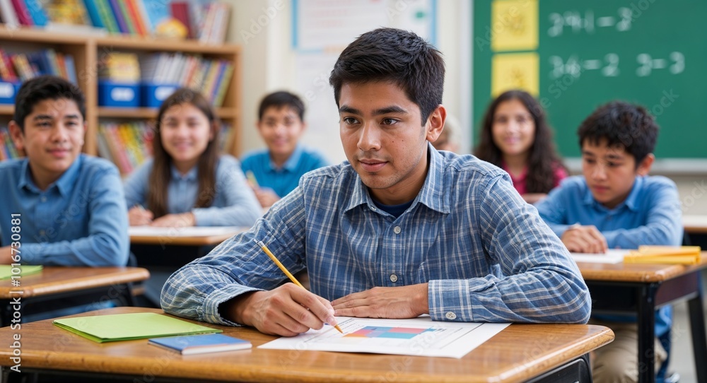 Focused Hispanic male elementary school student with math project Focused Hispanic male elementary school student with math project