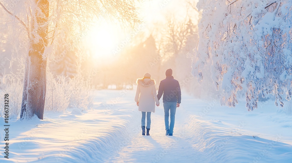 Romantic Winter Walk: Couple Holding Hands on a Snowy Path at Sunset Romantic Winter Walk: Couple Holding Hands on a Snowy Path at Sunset