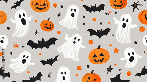 Background with vinyl banners in the shape of ghosts and pumpkins