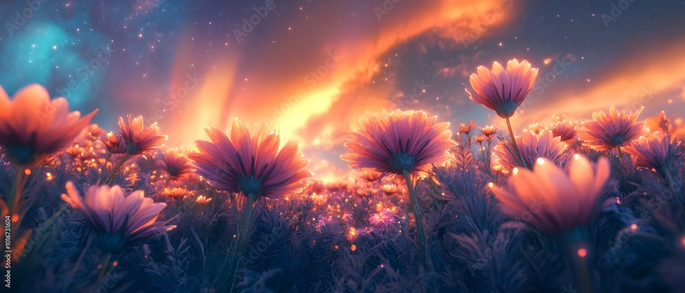 Vibrant glowing field of colorful flowers under a surreal aurora filled sky symbolizing the beauty and power of creative imagination and the natural world Vibrant glowing field of colorful flowers under a surreal aurora filled sky symbolizing the beauty and power of creative imagination and the natural world