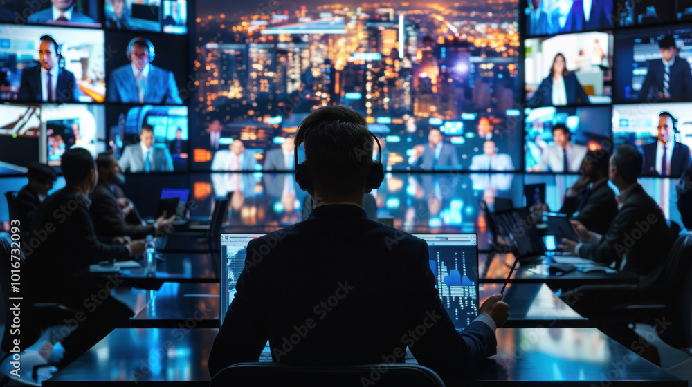 A virtual global business meeting with executives from around the world, reviewing global economic trends and planning for future collaborations. A virtual global business meeting with executives from around the world, reviewing global economic trends and planning for future collaborations.