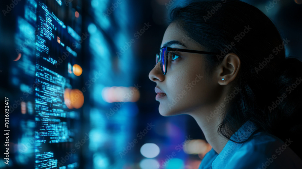 Naklejka premium Profile of indian woman with glasses looking at data on digital screen