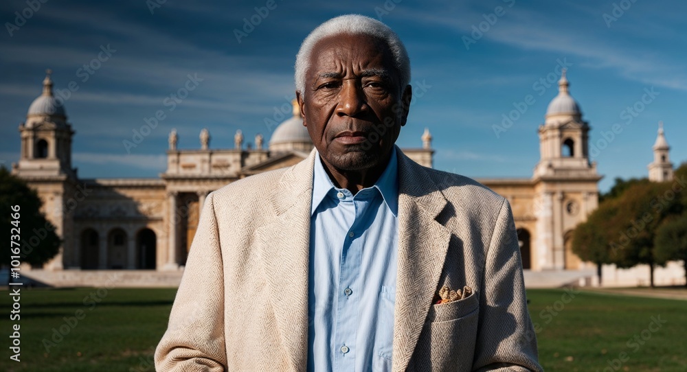 Naklejka premium Serious African American elderly male model in historical monument background pictorial