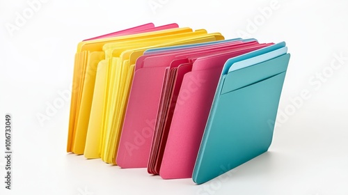 Colorful file folders in a neat arrangement, perfect for organizing documents in an office or home setting. Bright and cheerful stationery.