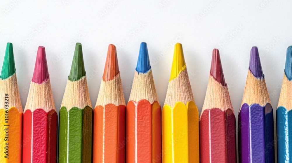 Close-up of colored pencils in a rainbow of hues, placed neatly on a white background, highlighting the vivid colors and sharp points Close-up of colored pencils in a rainbow of hues, placed neatly on a white background, highlighting the vivid colors and sharp points