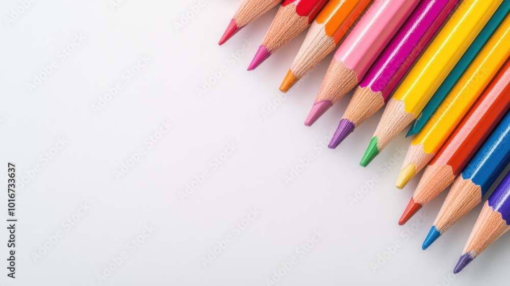Close-up of vibrant colored pencils fanned out on a white background, their colors popping against the clean surface, perfect for artistic inspiration Close-up of vibrant colored pencils fanned out on a white background, their colors popping against the clean surface, perfect for artistic inspiration