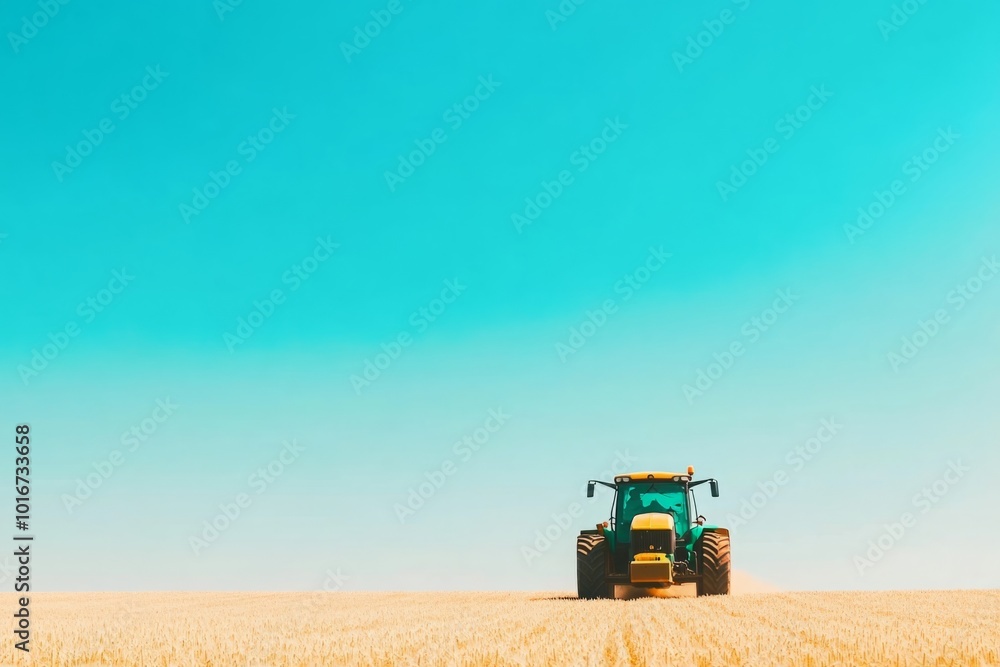 Obraz premium A tractor harvesting barley under a clear blue sky, capturing the essence of agricultural productivity. The bright daylight illuminates the golden barley field