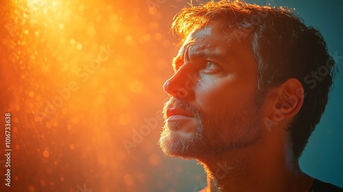 Man with beard looking up at orange light source