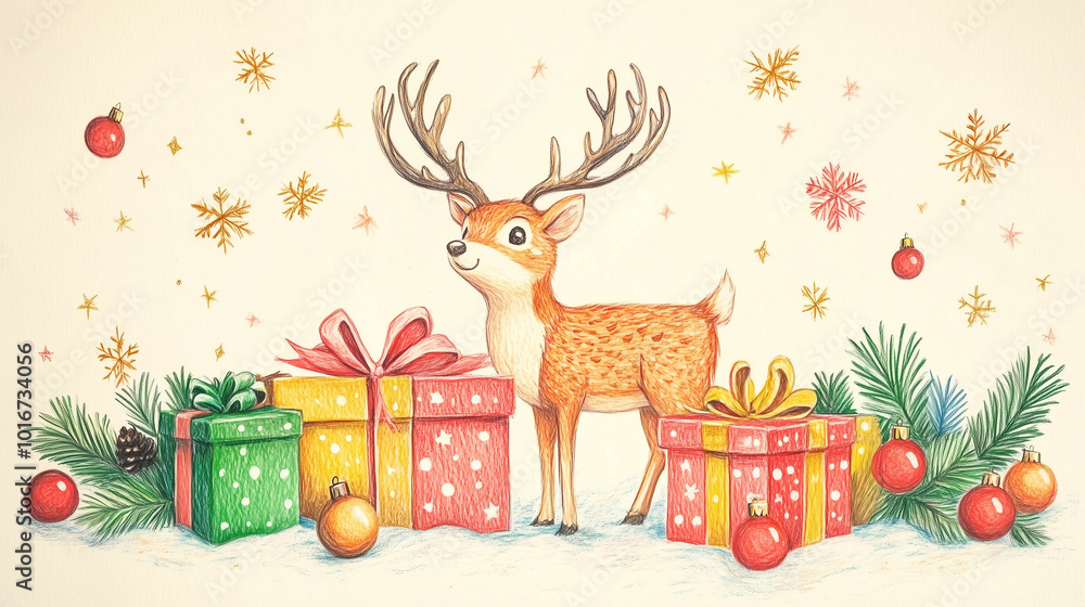 Naklejka premium 色鉛筆タッチのトナカイとプレゼント箱の可愛いクリスマスイラスト背景素材