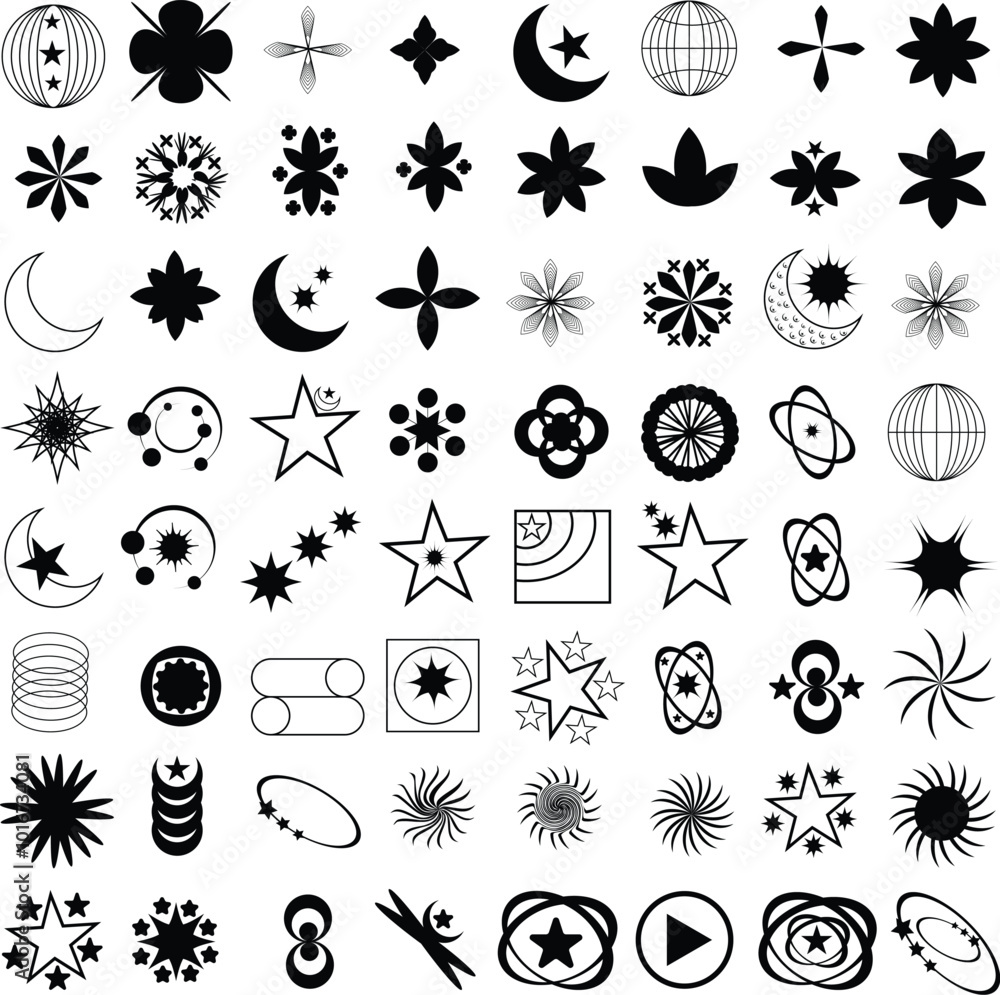 Fototapeta premium Trendy geometric brutalism Y2k elements Set for T-Shirt and logo design. Contains Retro futuristic elements and sparkle.