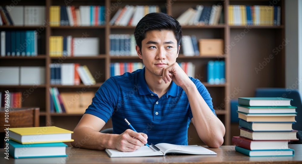 Thoughtful Asian male high school student in study room background Thoughtful Asian male high school student in study room background