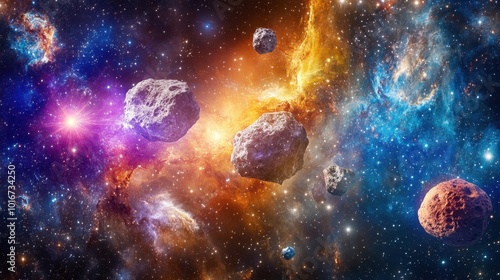 Colorful asteroids suspended in space, set against a dazzling backdrop of distant galaxies and luminous cosmic formations