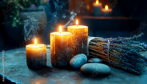 Natural healing altar with candles, sage, and energy stones, 3D illustration photo