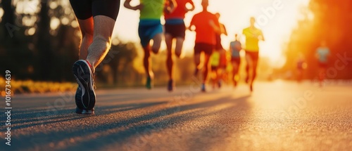 Marathon race with men running side by side, feet pounding the pavement under bright skies Midangle view, crisp detail, natural lighting highlighting the runners