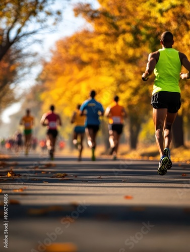 Marathon contest with a group of male athletes running on a road, intense focus on speed and stamina Wideangle shot, bright natural light, capturing the race energy