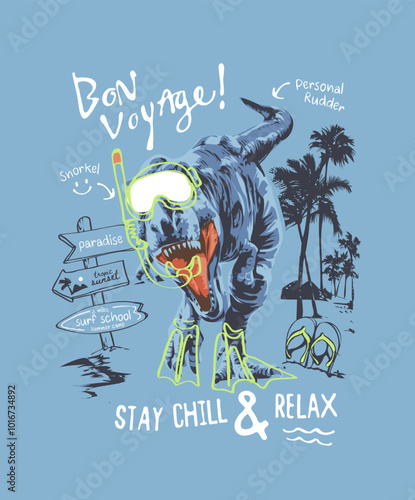 typography slogan with dinosaur in snorkel mask on the beach cartoon vector illustration