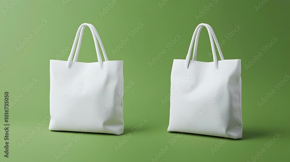 Blank White Tote Bags Mockup on Green Background Blank White Tote Bags Mockup on Green Background