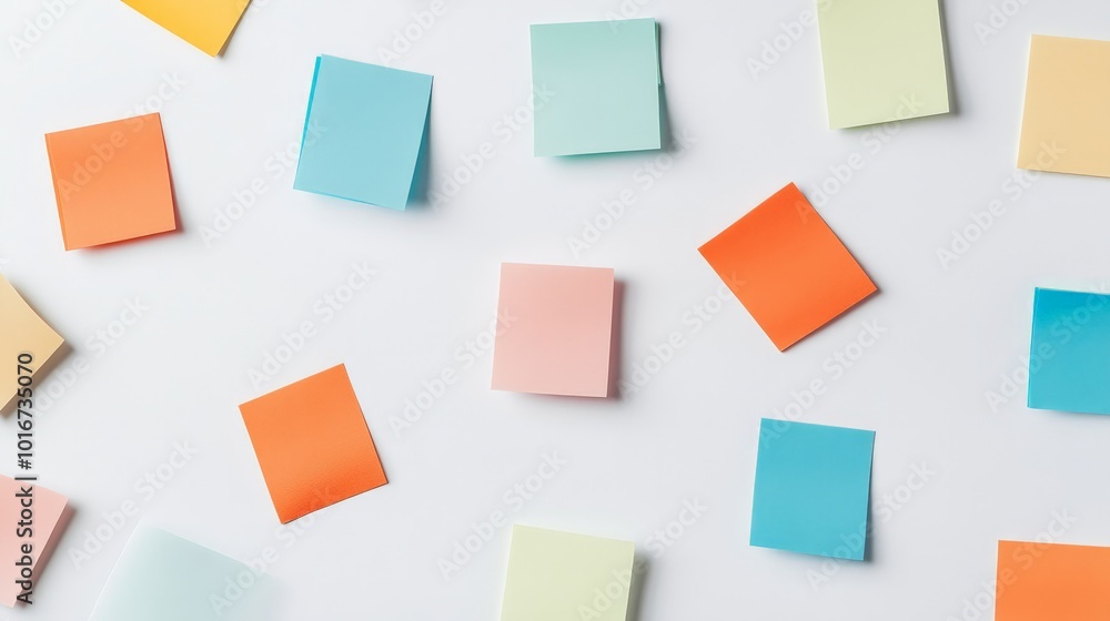 Colorful sticky notes scattered on a white surface, creating a vibrant and organized backdrop for creativity and brainstorming inspiration. Colorful sticky notes scattered on a white surface, creating a vibrant and organized backdrop for creativity and brainstorming inspiration.