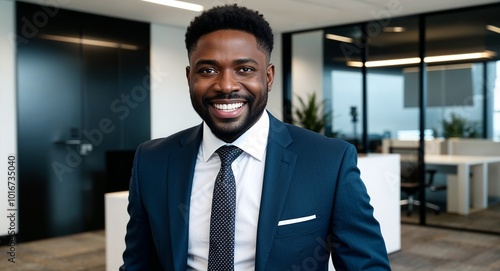 Cheerful African male middle aged model in sleek corporate office pictorial