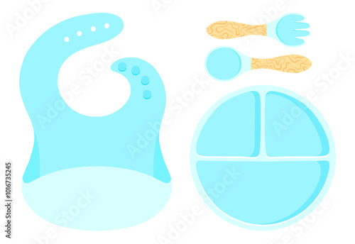 Blue baby tableware set of vector illustration in flat design. Kid dish, bib, cutlery for children