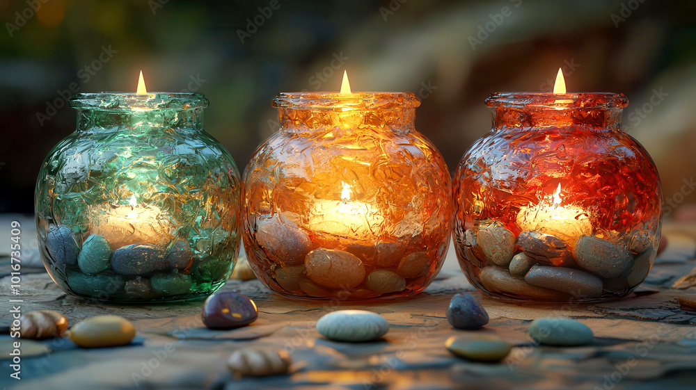 Traditional herbal medicine jars with healing stones and candles, 3D illustration Traditional herbal medicine jars with healing stones and candles, 3D illustration