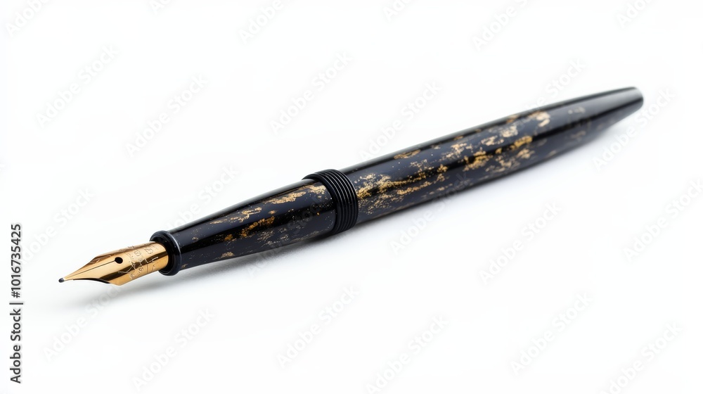 Elegant black and gold fountain pen isolated on white background, perfect for writing, luxury, and stationery themes. Elegant black and gold fountain pen isolated on white background, perfect for writing, luxury, and stationery themes.