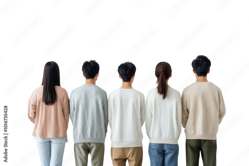 Obraz premium Group of asian people looking on blank wall person backs clothing.