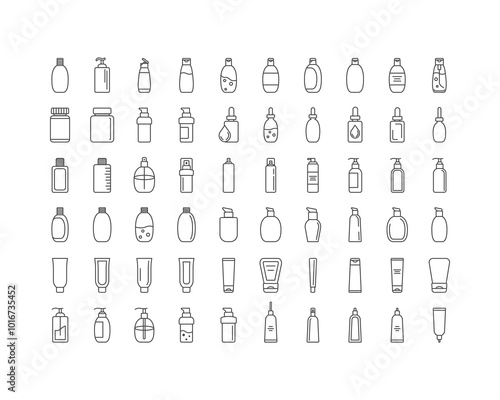 Collection vector icons of beauty, cosmetics and care. Bottle, jar, shower gel, face cream, body lotion, spray, ointment, paste.