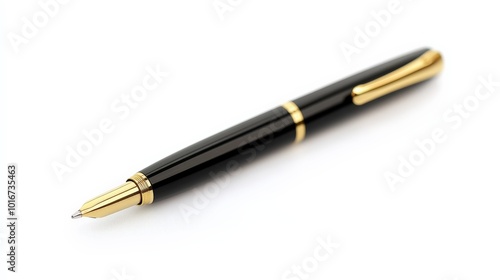 Elegant black and gold fountain pen on a white background. Perfect for writing luxury, business, and sophisticated correspondence.