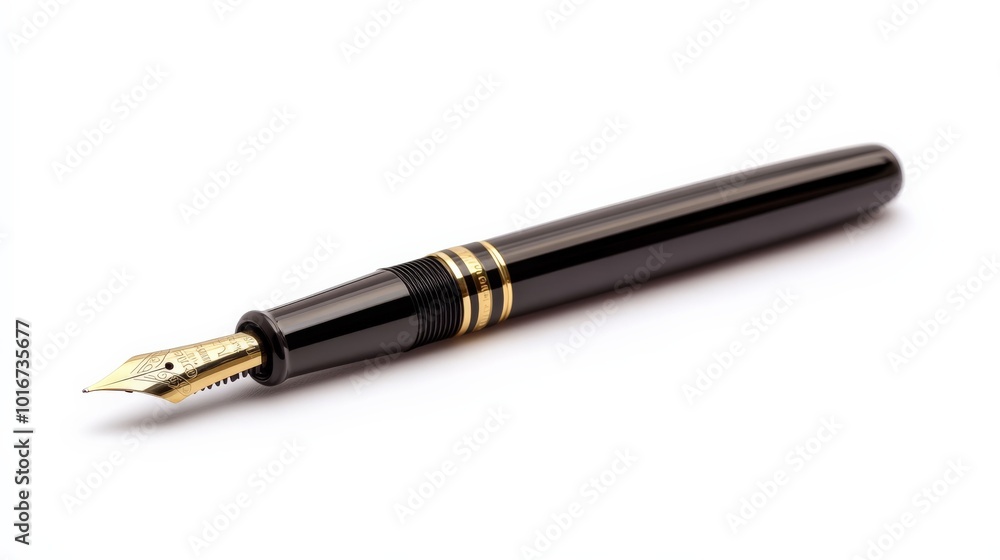 Elegant black fountain pen with gold accents isolated on a white background, perfect for writing enthusiasts and office use. Elegant black fountain pen with gold accents isolated on a white background, perfect for writing enthusiasts and office use.