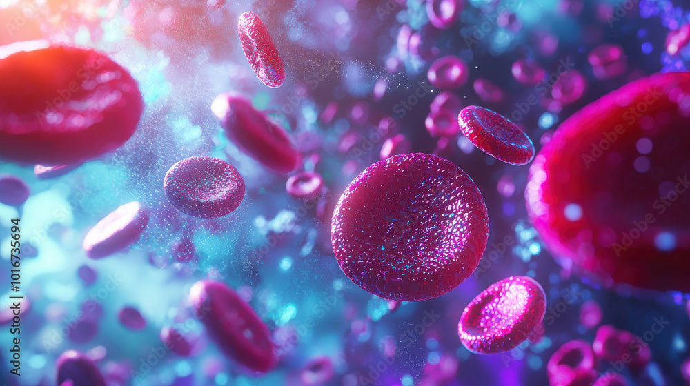 Microscopic view of human blood cells in vibrant colors, showcasing intricate details and structures of red blood cells. This stunning 3D representation highlights beauty of cellular life Microscopic view of human blood cells in vibrant colors, showcasing intricate details and structures of red blood cells. This stunning 3D representation highlights beauty of cellular life
