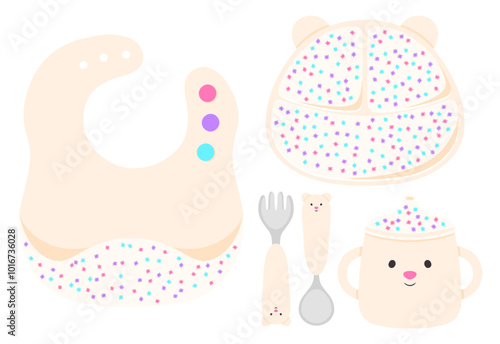 Baby tableware set of in flat design. Kid dish, bib, cutlery kit for children